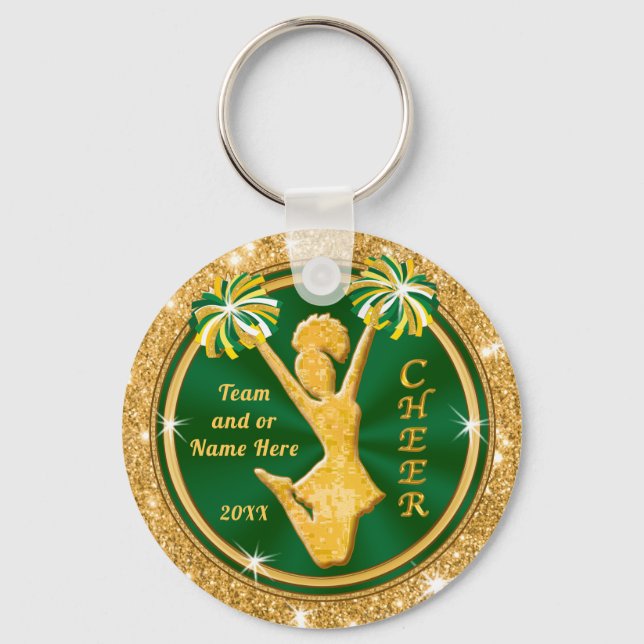 Green and Gold Cheerleader Keychains, Your TEXT Keychain (Front)