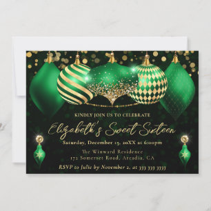 Green and Gold Christmas Baubles Sweet 16 Invitation