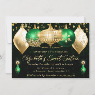 Green and Gold Christmas Baubles Sweet 16 Invitation