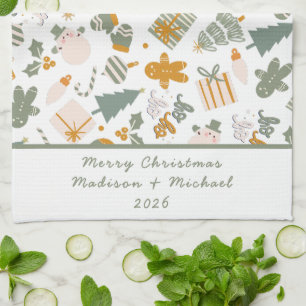 Green And Gold Christmas Holiday Party Kitchen Towel