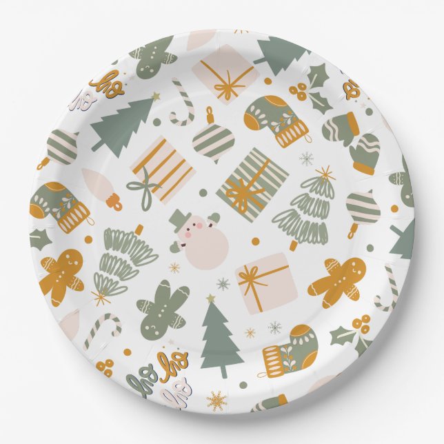 Green And Gold Christmas Holiday Party Paper Plates (Front)