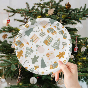 Green And Gold Christmas Holiday Party Paper Plates