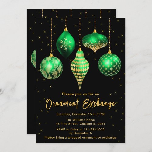 Green and Gold Christmas Ornament Exchange Invitation
