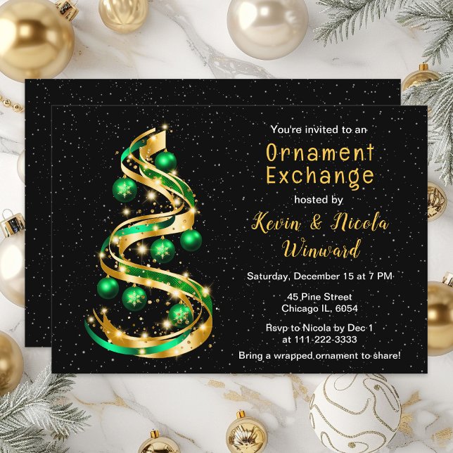 Green and Gold Christmas Ornament Exchange Invitation (Creator Uploaded)