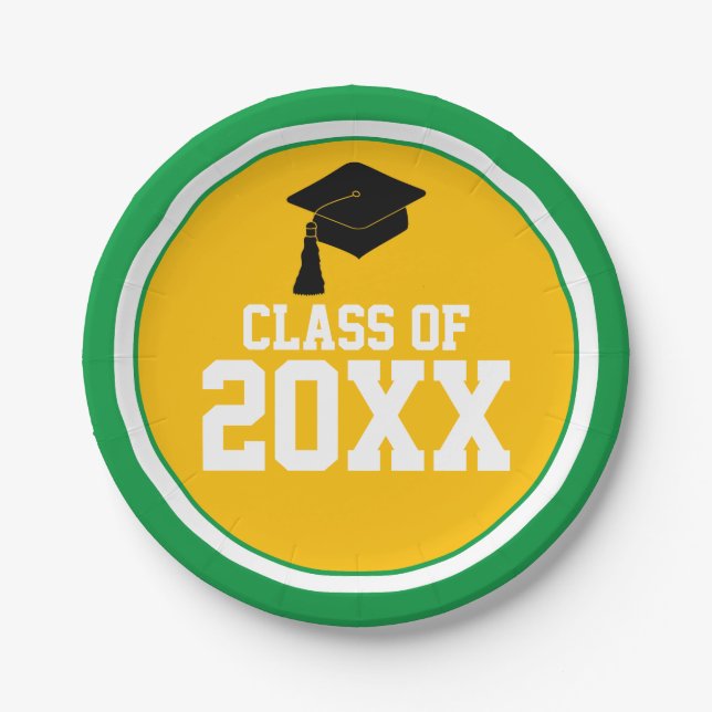 Green and Gold Class Year Graduation Party Paper Plates (Front)