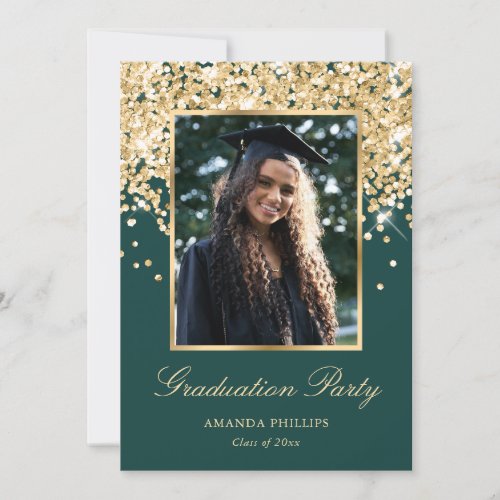 Green and Gold Confetti Photo Graduation Party Invitation