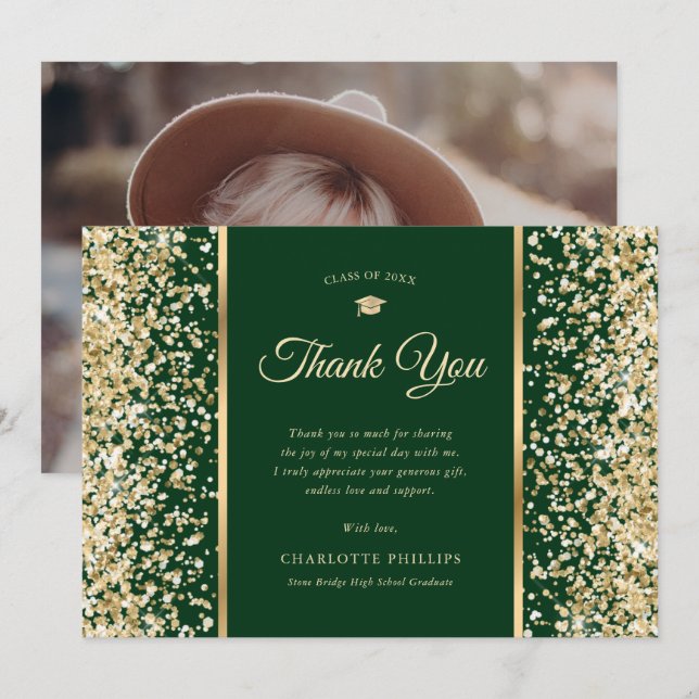 Green and Gold Confetti Photo Graduation Thank You Card (Front/Back)