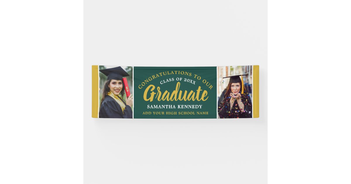 Green And Gold Congrats Grad 2 Photo Graduation Banner | Zazzle