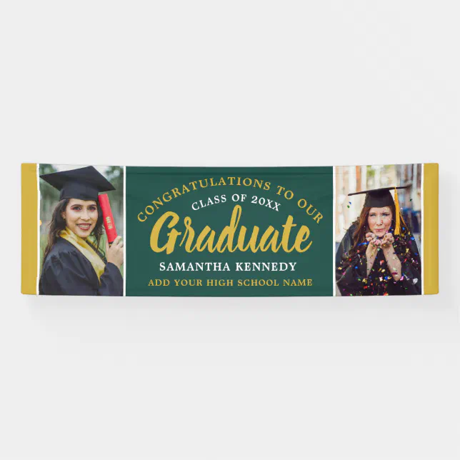 Green And Gold Congrats Grad 2 Photo Graduation Banner | Zazzle