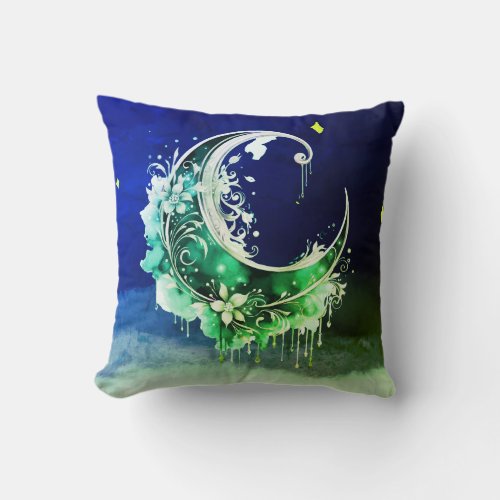 Green and Gold Crescent Moon Starry Halloween Throw Pillow