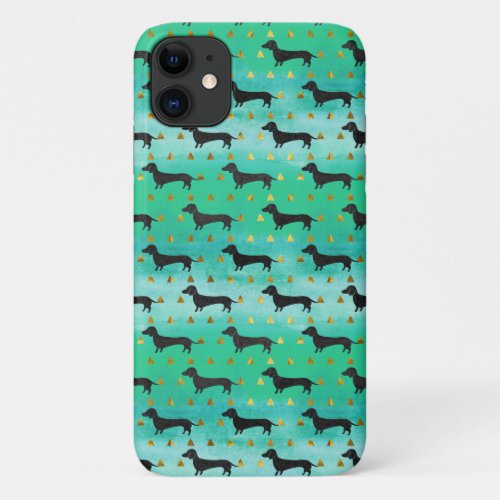 Green and Gold Dachshund Pattern iPhone Case
