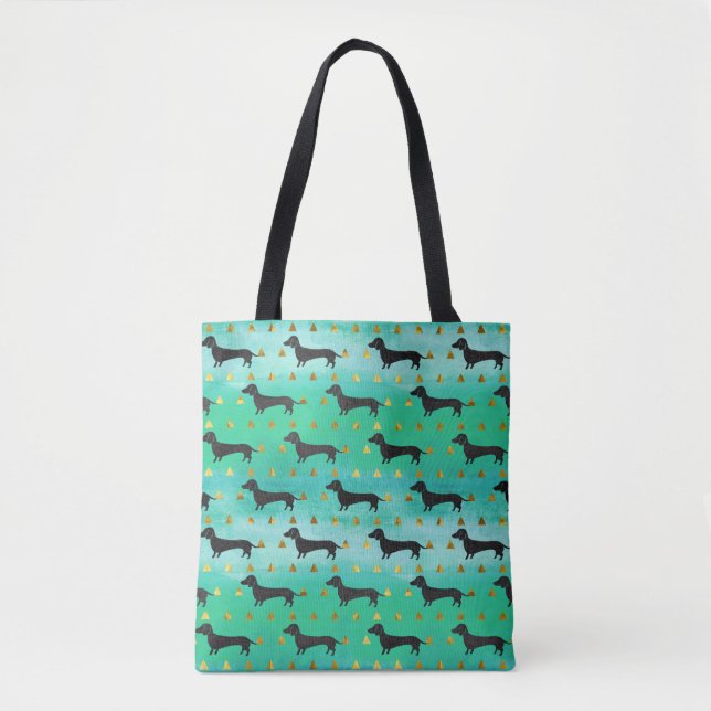 Green and Gold Dachshund Pattern Tote Bag (Front)