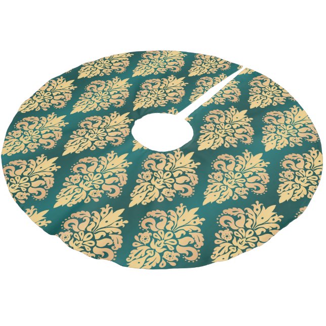 Green and Gold Damask Pattern Brushed Polyester Tree Skirt (Angled)