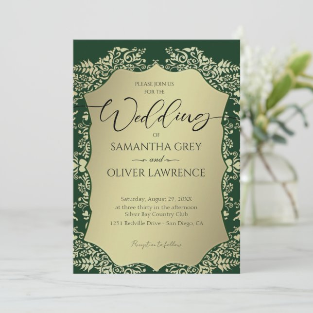 Green and Gold Damask Wedding Invitation (Standing Front)