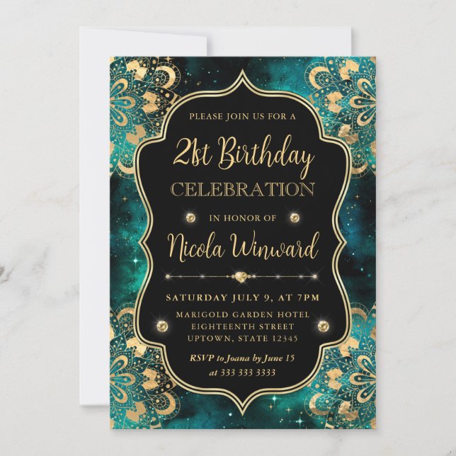 Green and Gold Dharma Pattern 21st Birthday Invitation (Front)