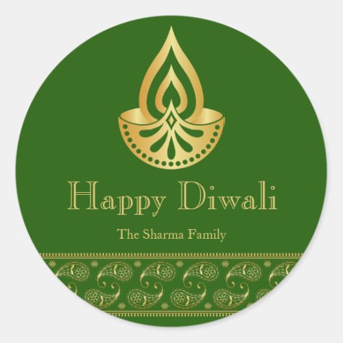 Green and Gold Diwali Party Favor Classic Round Sticker