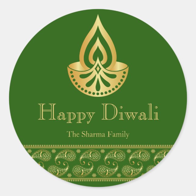 Green and Gold Diwali Party Favor Classic Round Sticker (Front)