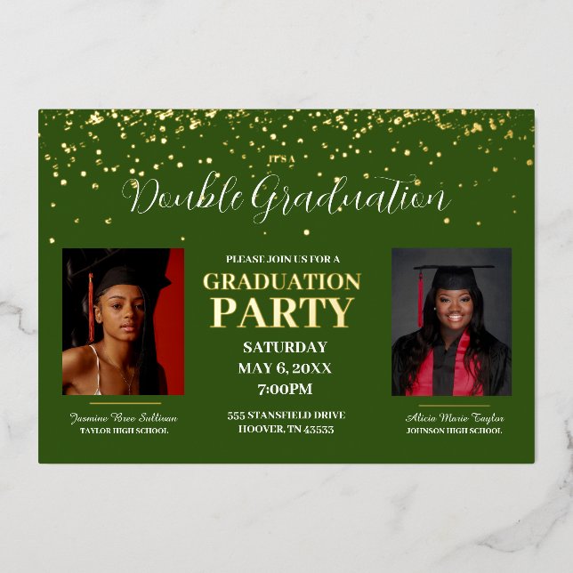 Green and Gold Double Graduation  gold Foil Invitation (Front)