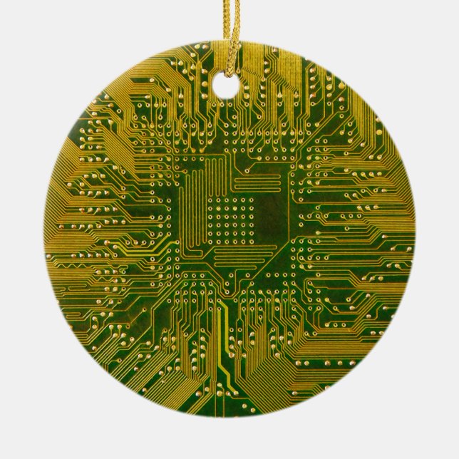 Green and Gold Electronic Computer Circuit Board Ceramic Ornament (Front)