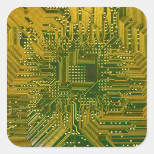 Green and Gold Electronic Computer Circuit Board Square Sticker