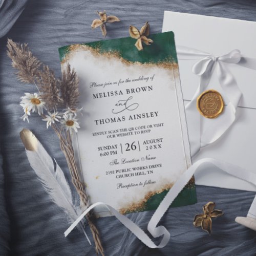 Green and Gold Elegant Budget QR Code Wedding Invitation