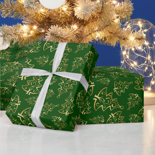 Green and Gold Elegant Christmas Trees Wrapping Paper (Holidays)