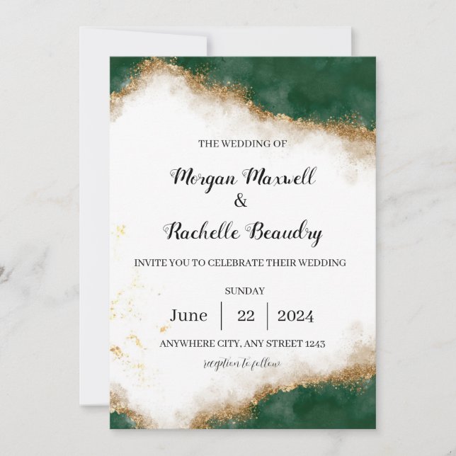 Green and Gold Elegant Wedding Invitation (Front)