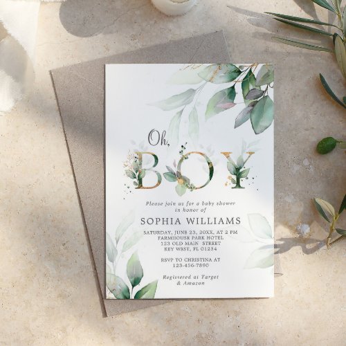 Green and Gold Eucalyptus Baby Shower Invitation