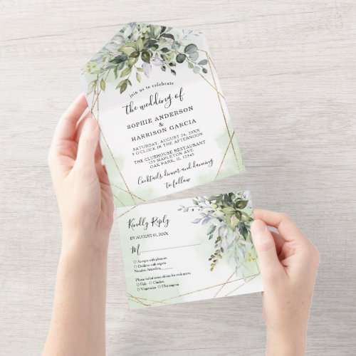 Green and Gold Eucalyptus Geometric Rustic Wedding All In One Invitation