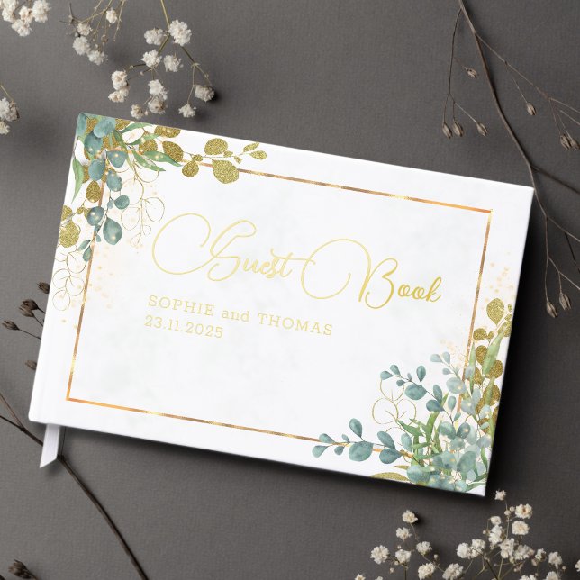 Green and gold eucalyptus watercolor wedding foil guest book  (Creator Uploaded)