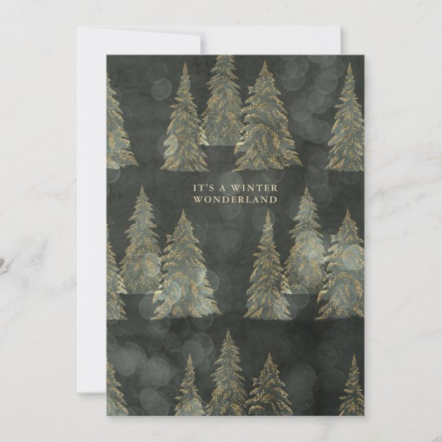 Green and Gold Evergreen Trees Winter Wonderland Holiday Card (Front)