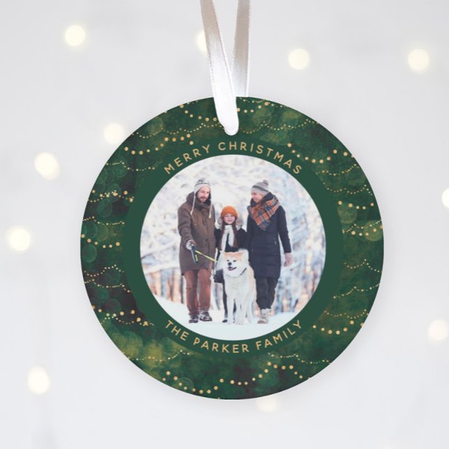 Green and Gold Fairy Lights | Two Family Photos Ornament (Creator Uploaded)