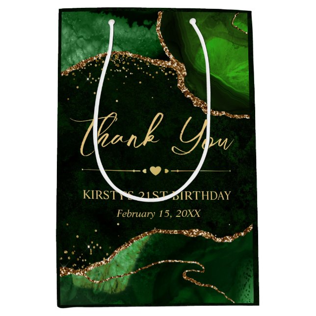 Green and Gold Faux Glitter Agate Birthday Medium Gift Bag (Front)