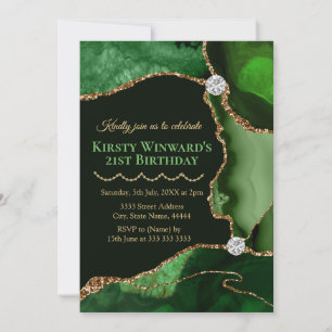 Green and Gold Faux Glitter Agate Birthday Party Invitation