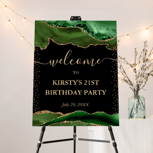 Green and Gold Faux Glitter Agate Birthday Welcome Foam Board (In Situ (Stand))