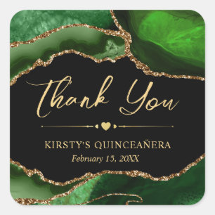Green and Gold Faux Glitter Agate Quinceanera Square Sticker
