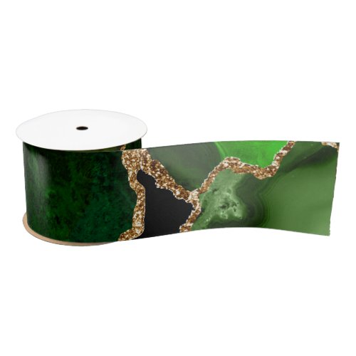 Green and Gold Faux Glitter Agate Satin Ribbon