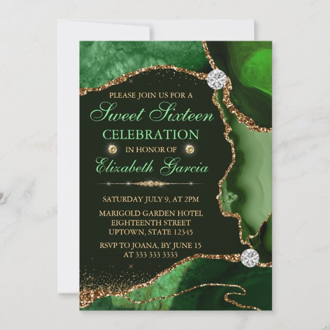 Green and Gold Faux Glitter Agate Sweet Sixteen Invitation (Front)