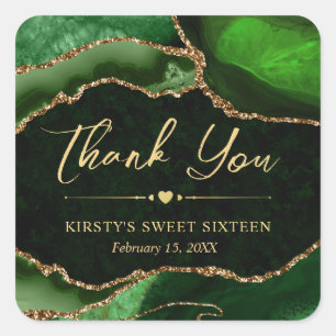 Green and Gold Faux Glitter Agate Sweet Sixteen Square Sticker