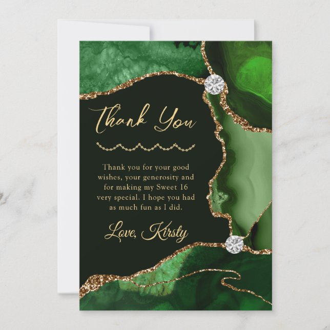 Green and Gold Faux Glitter Agate Sweet Sixteen Thank You Card (Front)