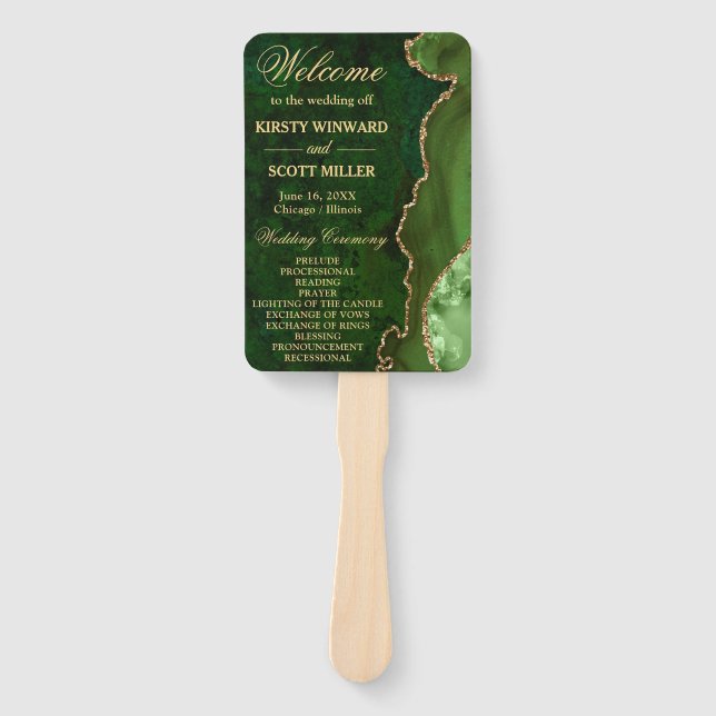 Green and Gold Faux Glitter Agate Wedding Program Hand Fan (Front)
