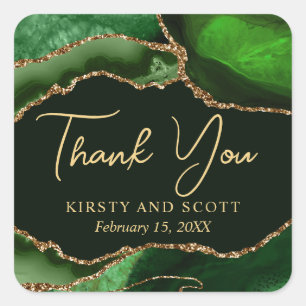 Green and Gold Faux Glitter Agate Wedding Square Sticker