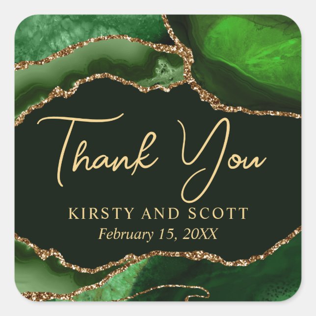 Green and Gold Faux Glitter Agate Wedding Square Sticker (Front)