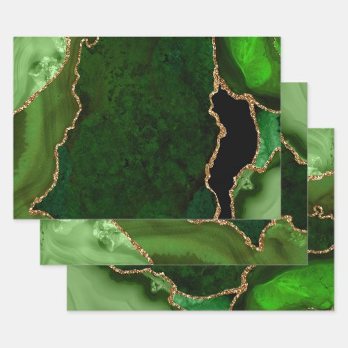 Green and Gold Faux Glitter Agate Wrapping Paper Sheets