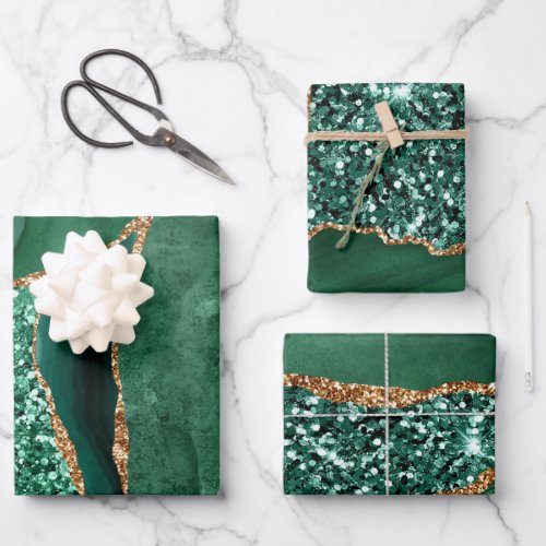 Green and Gold Faux Glitter Agate Wrapping Paper Sheets