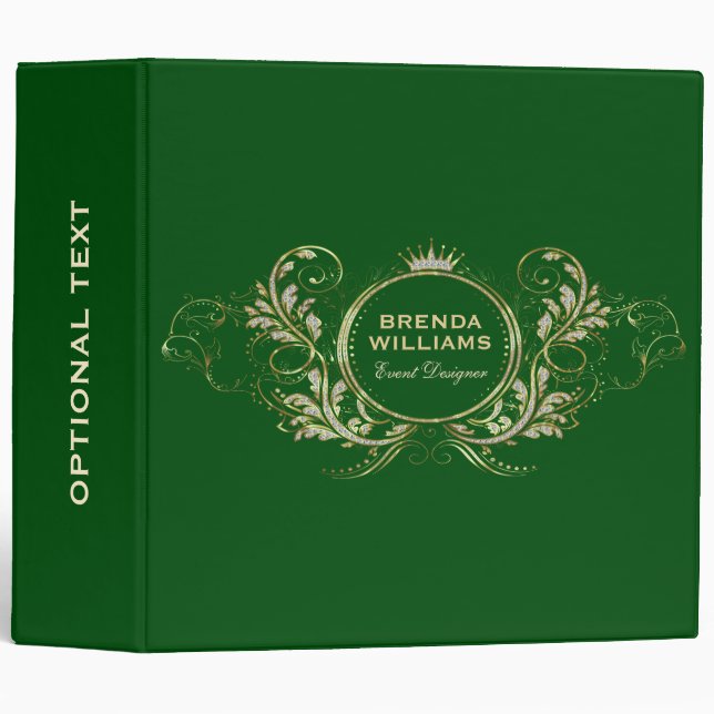   Green And Gold Faux Glitter Girly Floral Frame 3 Ring Binder (Front/Spine)