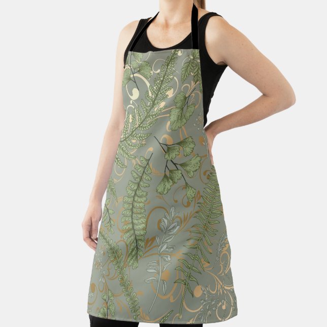 Green and Gold Fern Pattern Apron (Insitu)