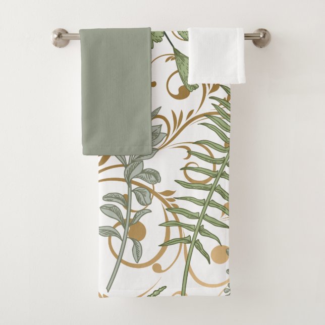 Green and Gold Fern Pattern Bath Towel Set (Insitu)