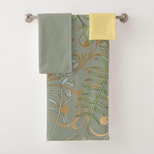Green and Gold Fern Pattern Bath Towel Set (Insitu)