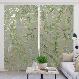Green and Gold Fern Pattern Blackout Curtains